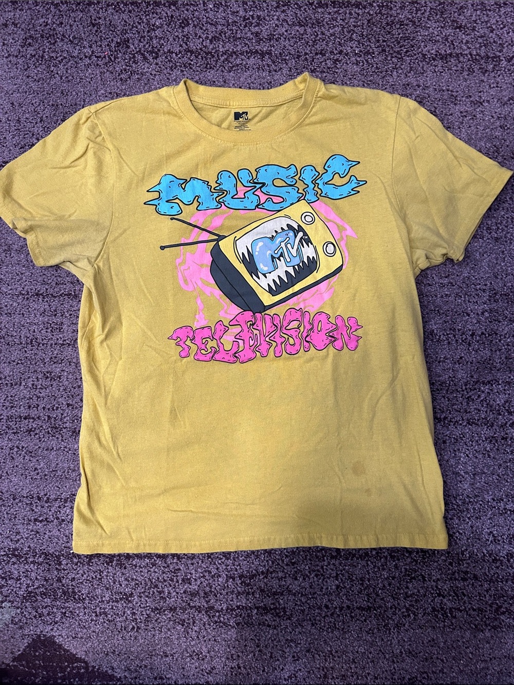 MTV Yellow Graphic Tee with Blue and Pink TV Artwork